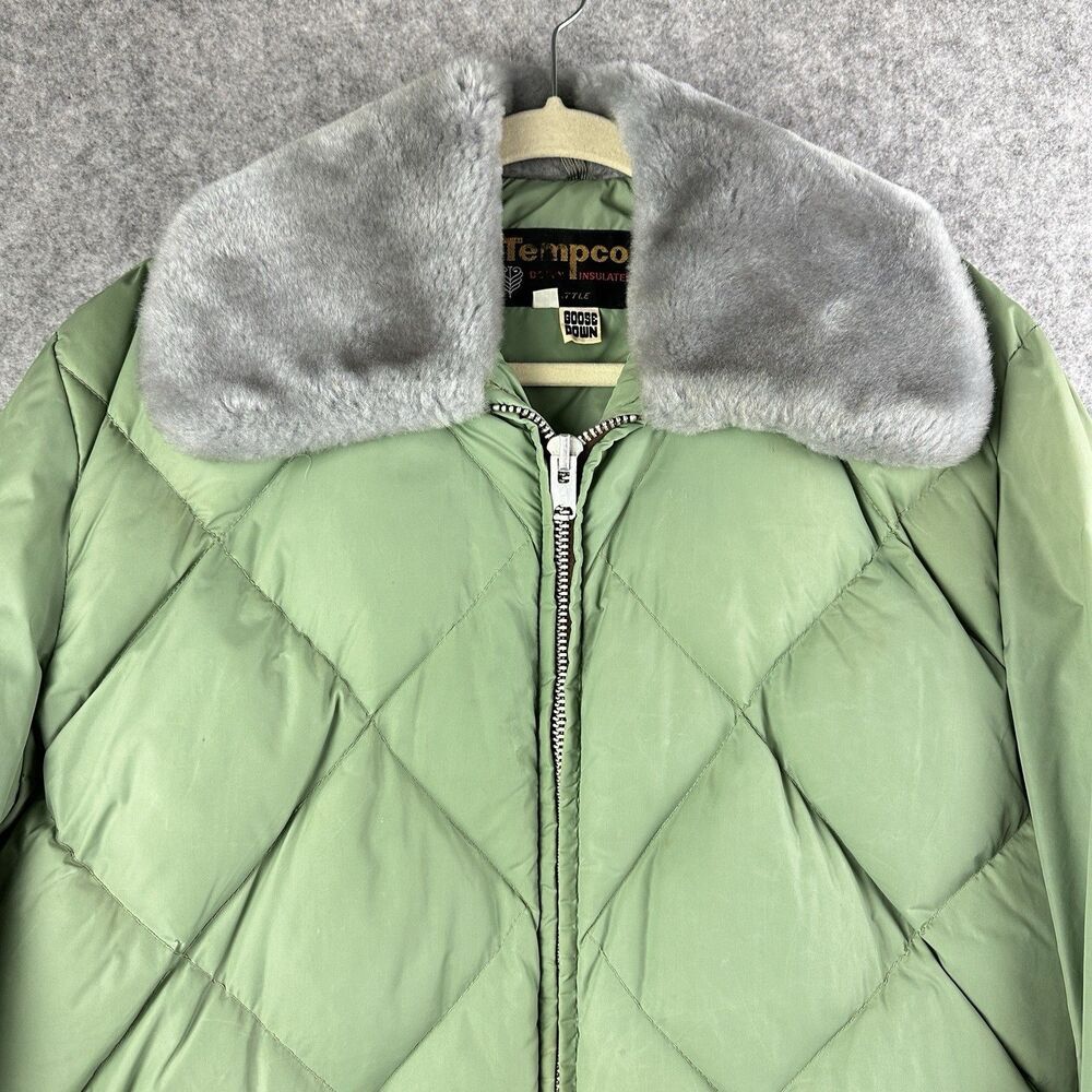 VTG Tempco Goose Down Jacket Mens 44 Green Fur Collar Quilted Talon Zip READ* - Picture 2 of 16